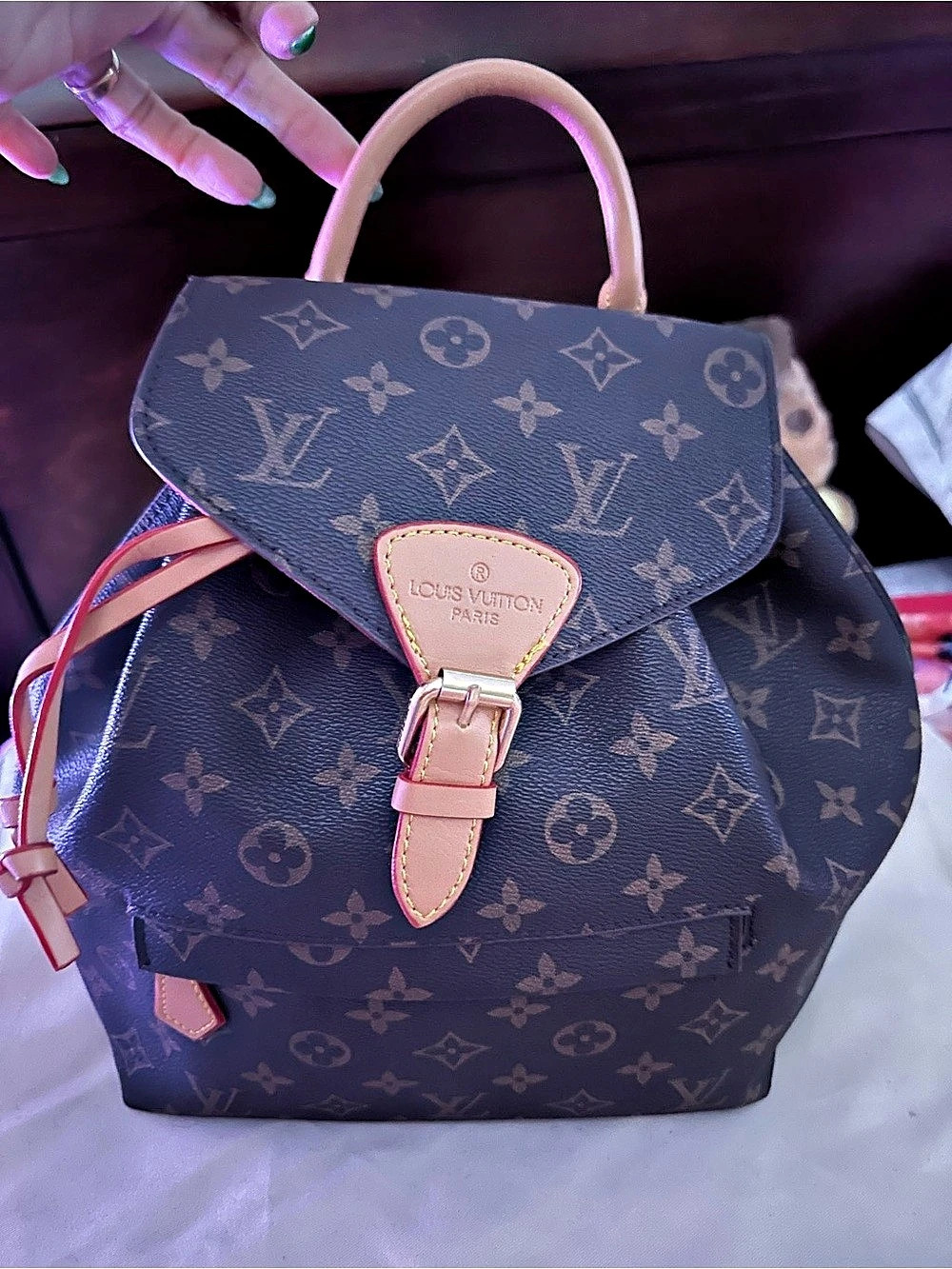L V Backpack Brown & Red inside